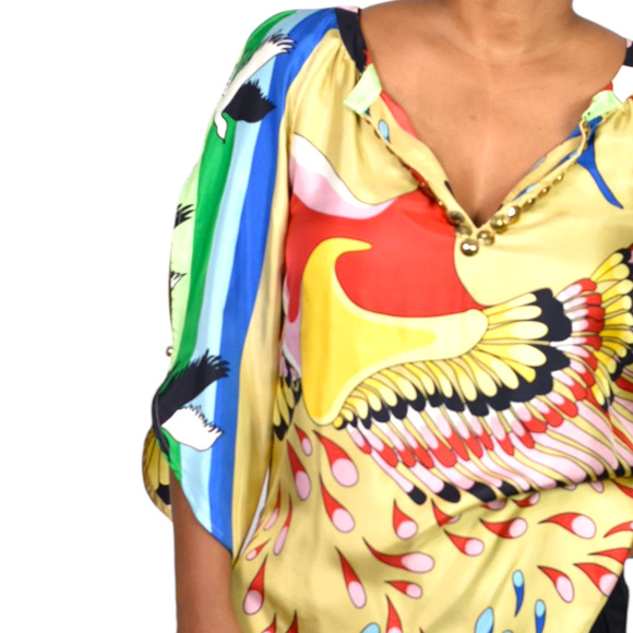 TIBI Silk Print Tunic Yellow Colorful Peacock Jeweled Studs Blue Cutouts Birds 6 - Picture 4 of 16
